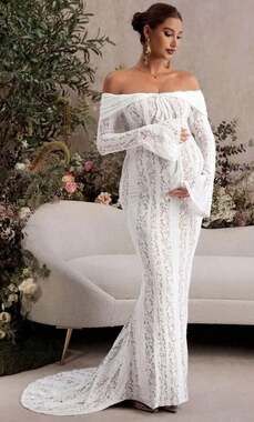 SHEIN Pregnant Women's Lace Off-Shoulder Fish Tail Hem Dress